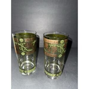 Vintage Cera Golden Grapes Green 22k Gold-Gild Highball Drink Glasses Set (2)